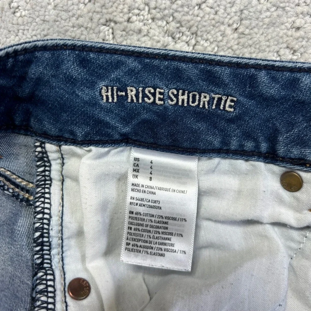 American Eagle Denim Shorts Size 4 Hi-Rise Shortie Blue Denim Distressed Stretch